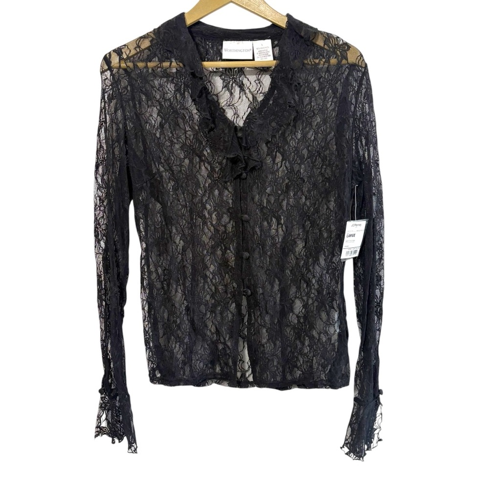 NEW Y2K Worthington Large Black Lace‎ Ruffle Bell Sleeve Top Whimsigoth Grunge